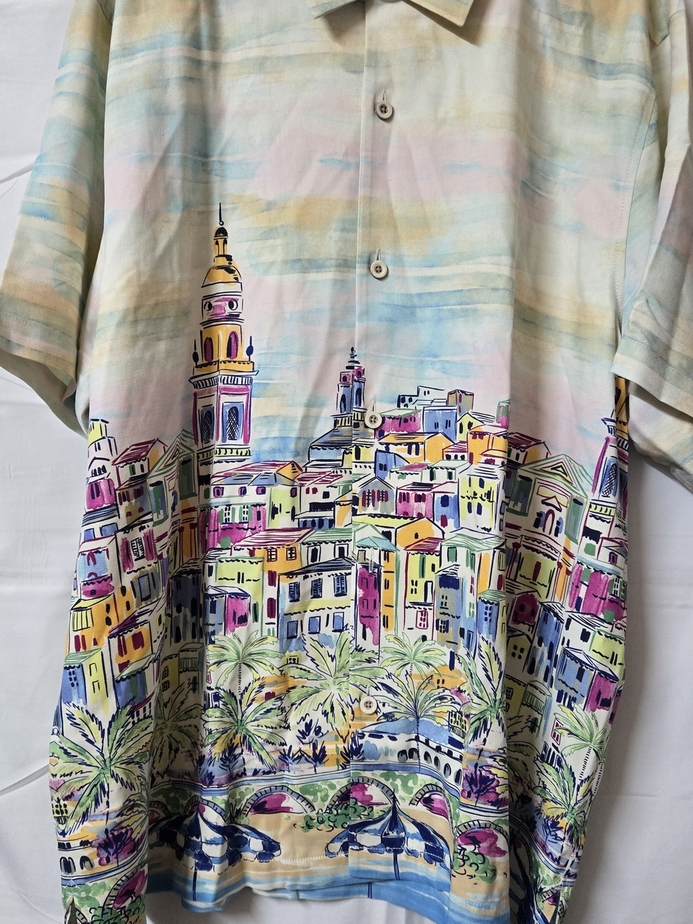 Tommy Bahama Amalfi Vista Vanilla Ice Pastel Cityscape Print Short-Sleeve Shirt